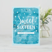 Invitation Aquarelle bleue Coeurs doux 16 Anniversaire fête (Debout devant)