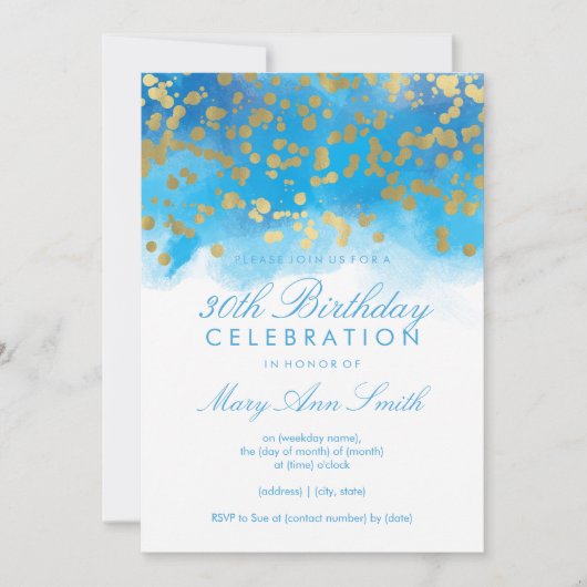Invitation Aquarelle bleue Confetti Gold 30e anniversaire (Devant)