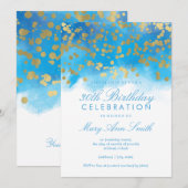Invitation Aquarelle bleue Confetti Gold 30e anniversaire (Devant / Derrière)