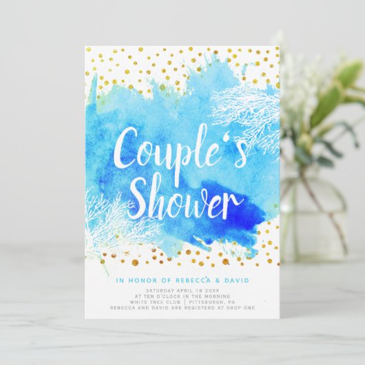 Invitation Aquarelle bleue, corail récif mariage couples douc (Debout devant)