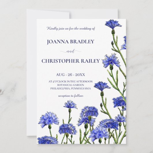 Invitation Aquarelle bleue Cornflowers Mariage (Devant)