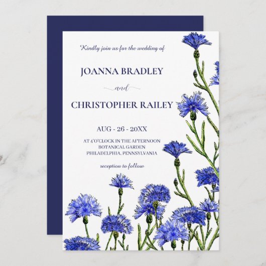 Invitation Aquarelle bleue Cornflowers Mariage (Devant / Derrière)