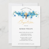 Invitation Aquarelle bleue Croix d'or Garçon Christening Bapt (Devant)