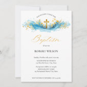 Invitation Aquarelle bleue Croix d'or Garçon Christening Bapt (Devant)