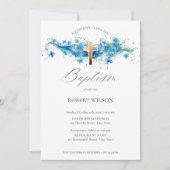 Invitation Aquarelle bleue Croix d'or Garçon Christening Bapt (Devant)
