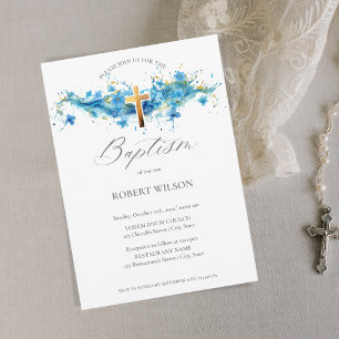 Invitation Aquarelle bleue Croix d'or Garçon Christening Bapt