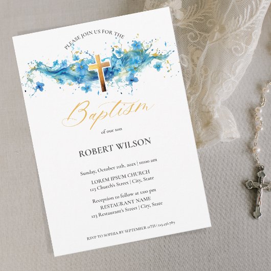Invitation Aquarelle bleue Croix d'or Garçon Christening Bapt