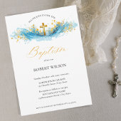 Invitation Aquarelle bleue Croix d'or Garçon Christening Bapt