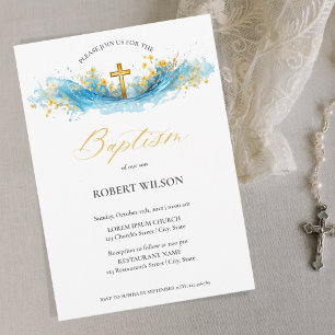 Invitation Aquarelle bleue Croix d'or Garçon Christening Bapt