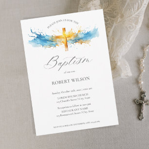 Invitation Aquarelle bleue Croix d'or Garçon Christening Bapt