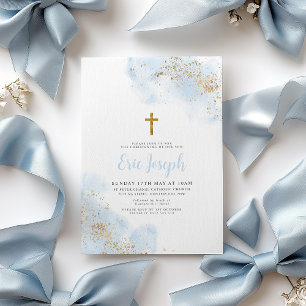 Invitation Aquarelle bleue Croix d'or Garçon Christening Bapt