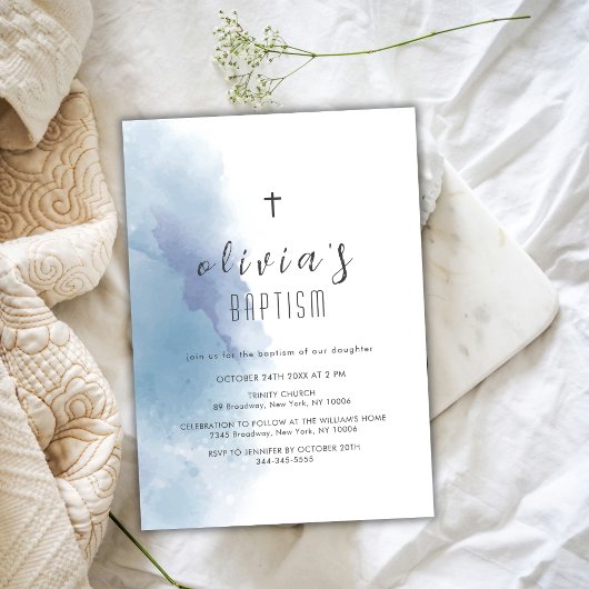 Invitation Aquarelle Bleue Croix Noire Baptême baptisant