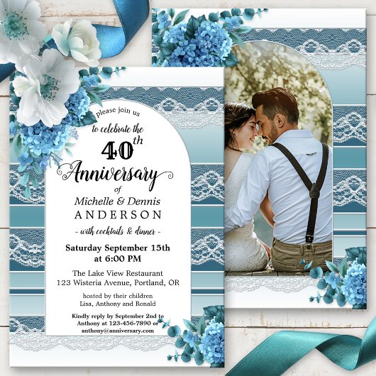 Invitation Aquarelle bleue Dentelle florale Anniversaire phot