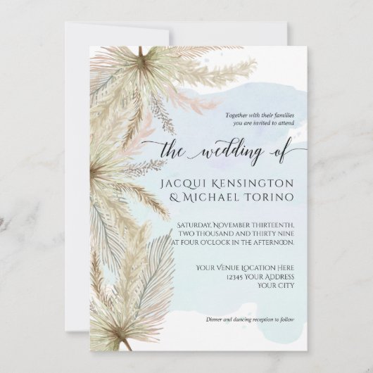 Invitation Aquarelle bleue Dusty Pampas Grass Palm Verdure (Devant)