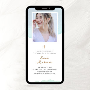 Invitation Aquarelle Bleue Élégante et Baptême photo