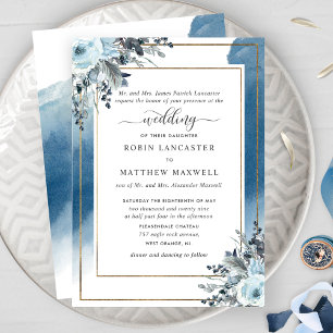 Invitation Aquarelle bleue et Floral bleu, Parents Hébergemen