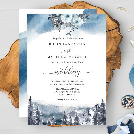 Invitation Aquarelle bleue et mariage aux Blue Mountains
