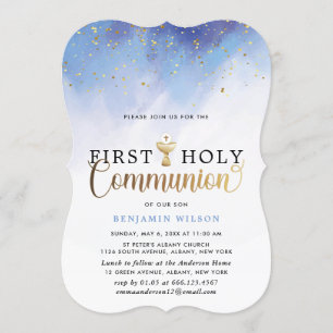 Invitation Aquarelle Bleue Et Or Garçon Première Communion Sa