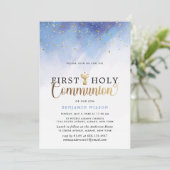 Invitation Aquarelle Bleue Et Or Garçon Première Communion Sa (Debout devant)