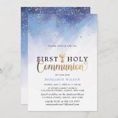 Invitation Aquarelle Bleue Et Or Garçon Première Communion Sa (Devant / Derrière)