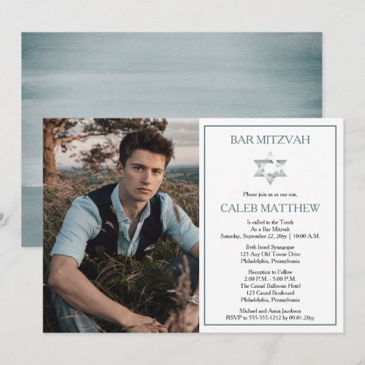 Invitation Aquarelle bleue | Étoile de David Bar Mitzvah (Devant / Derrière)