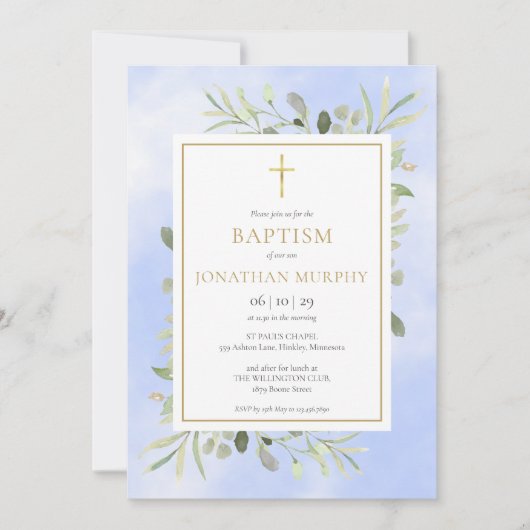 Invitation Aquarelle bleue Eucalyptus Vert Baptême (Devant)