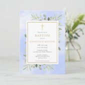 Invitation Aquarelle bleue Eucalyptus Vert Baptême (Debout devant)