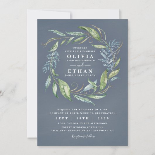 Invitation Aquarelle bleue Eucalyptus Vert Mariage de couronn (Devant)