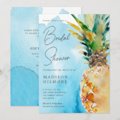 Invitation Aquarelle bleue Fête des mariées d'ananas tropical (Devant / Derrière)