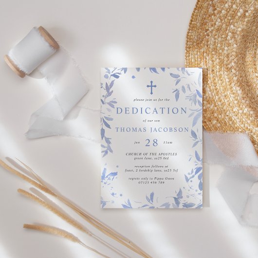 Invitation Aquarelle bleue Feuilles Dédication bébé & Baptême