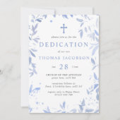 Invitation Aquarelle bleue Feuilles Dédication bébé & Baptême (Devant)