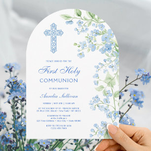 Invitation Aquarelle bleue Fleurs Arc Première communion