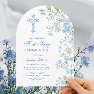 Invitation Aquarelle bleue Fleurs Arc Première communion