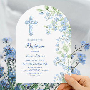 Invitation Aquarelle bleue Fleurs Arch Baptême
