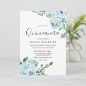 Invitation Aquarelle Bleue Fleurs Belle Quinceanera (Debout devant)
