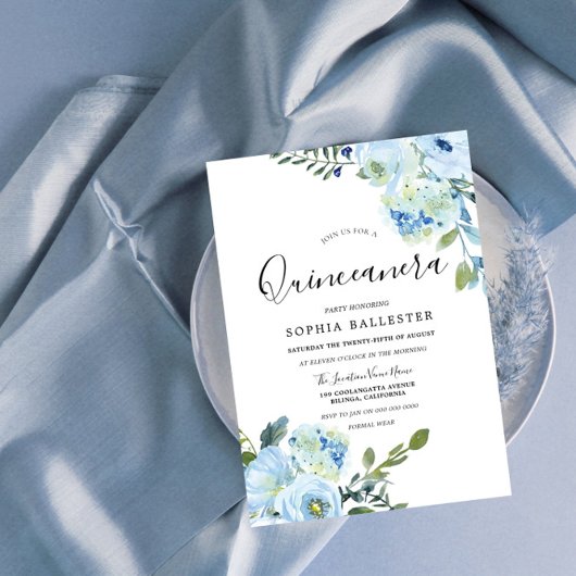 Invitation Aquarelle Bleue Fleurs Belle Quinceanera