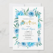 Invitation Aquarelle bleue fleurs garçon baptême floral (Devant)