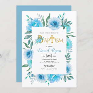 Invitation Aquarelle bleue fleurs garçon baptême floral