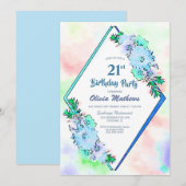 Invitation Aquarelle bleue Floral 21e anniversaire (Devant / Derrière)
