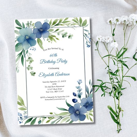 Invitation Aquarelle bleue Floral Elégant 60e anniversaire