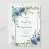 Invitation Aquarelle bleue Floral Elégant 60e anniversaire (Devant)
