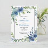 Invitation Aquarelle bleue Floral Elégant 60e anniversaire (Debout devant)