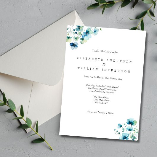 Invitation Aquarelle bleue Floral Élégant Mariage formel