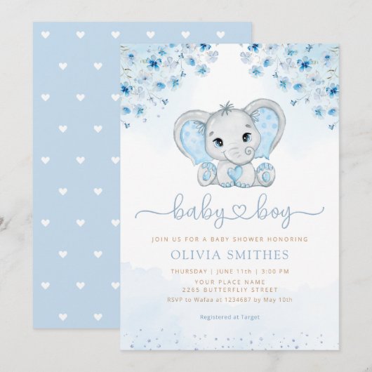 Invitation Aquarelle bleue Floral Elephant Baby shower garçon (Devant / Derrière)