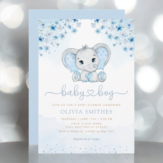 Invitation Aquarelle bleue Floral Elephant Baby shower garçon