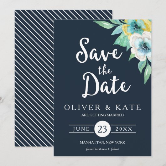 Invitation Aquarelle bleue Floral Enregistrer la date (Devant / Derrière)