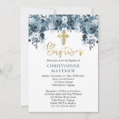 Invitation Aquarelle bleue Floral | Faux Gold Boy Baptism (Devant)