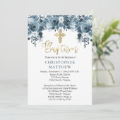 Invitation Aquarelle bleue Floral | Faux Gold Boy Baptism (Debout devant)