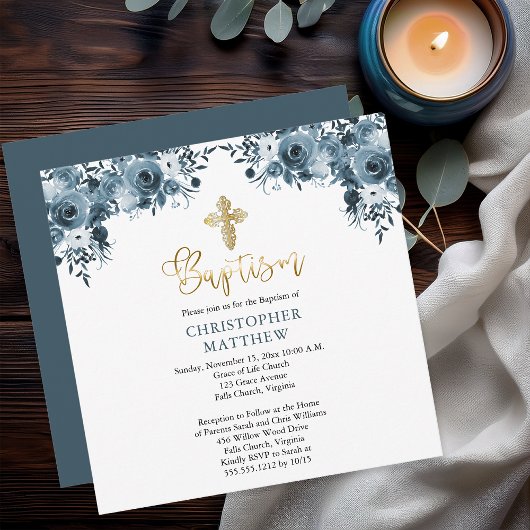 Invitation Aquarelle bleue Floral | Faux Gold Boy Baptism