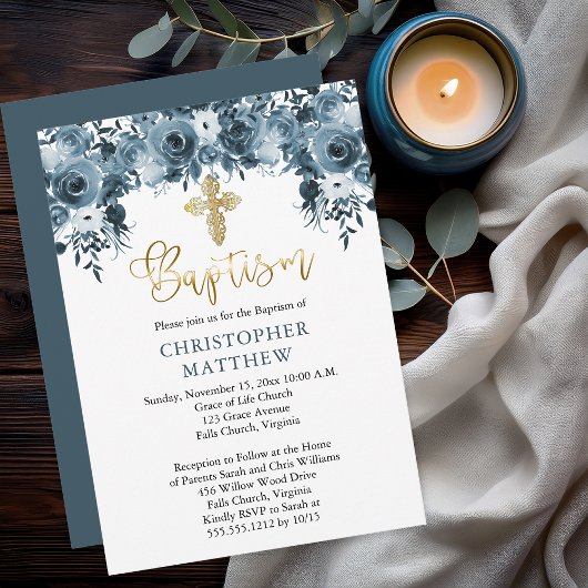 Invitation Aquarelle bleue Floral | Faux Gold Boy Baptism